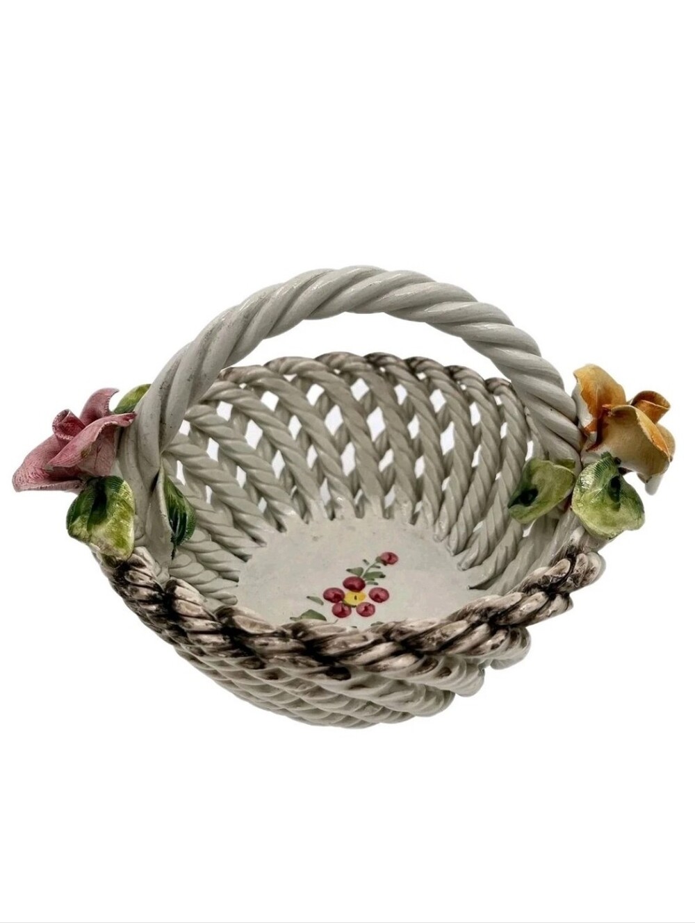 vintage CAPODIMONTE Porcelain Floral Basket Italian Made Trinket Tray White